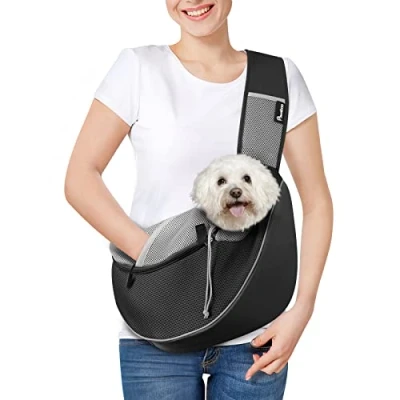 Imagen de Pawaboo Bolso Bandolera para Perros, Bolsa Portátil Mascotas con Correa Ajustable y Bolsillos, de Mensajero Transpirable Cómoda Cachorros Gatitos Viajar, L, Negro
