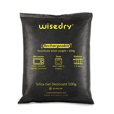 Imagen de Wisedry Paquetes de gel sílice para deshumidificador, reutilizable, 1 kg [2 unidades 500 gramos] bolsas desecantes reactivadas rápidamente microondas, elimina el parabrisas húmedo y