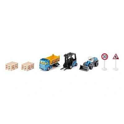 Imagen de siku 6336, Set de regalo construcción, Incl. camión, carretilla elevadora, pala cargadora, 6 paletas, 2 señales tráfico, Metal/Plástico, Amarillo/Azul, Piezas móviles