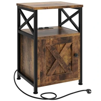 Imagen de YITAHOME Mesa Auxiliar con Estación de Carga, Mesita Noche Gabinete, en Forma X 2 Puertos USB y Tomas Corriente, Sofá para Sala Estar, Marrón Rústico