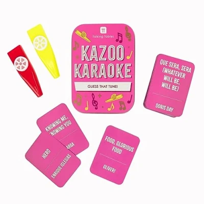 Imagen de Talking Tables Karaoke Kazoo Guess The Song Juego de viaje Divertido cuestionario música bolsillo para que la familia juegue Empaquetado en una caja lata resistente regalo o relleno