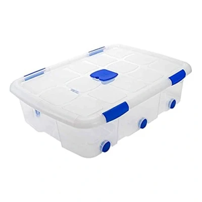 Imagen de AC Caja de ordenación con Tapa y Ruedas plástico Transparente N.º 14. Contenedor para almacenar Juguetes, Libros, Ropa, Mantas. Capacidad 56 litros. Dimensiones Aprox.: 76,2 x 55,9 18,2 cm