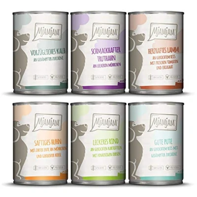 Imagen de MjAMjAM comida húmeda premium para perros Mixpaket II con pollo y pato, ternera, pavo, cordero, pack de 6 (6 x 400 g), natural extra carne