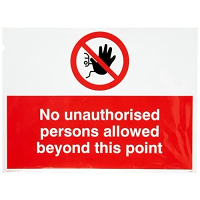 Imagen de Viking Signs PA30 A3L V Señal de vinilo con texto en inglés &quot;No Unauthorised Persons Allowed Beyond This Point&quot;, 300 mm alto x 400 ancho, color rojo