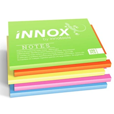 Imagen de INNOX® Notas electrostáticas autoadhesivas Innox Notes. Se adhieren sin pegamento, con electricidad estática. Reciclables. Pack de 5, color multicolor, 7 x 10 cm, 500 hojas