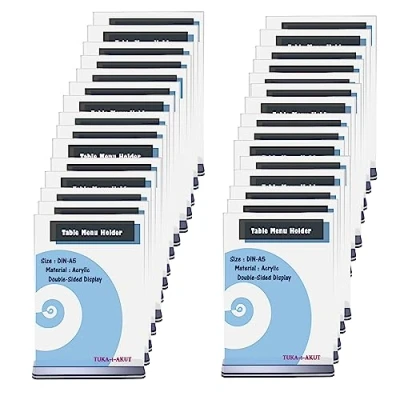 Imagen de TUKA 30x A5 Menu Soporte Doble Cara, Forma de T con Base, Soportes Sobremesa para Carteles, Menús, Promociones, Porta Carteles. Expositor Mesa, Acrílico Transparente, Vertical TKD8205