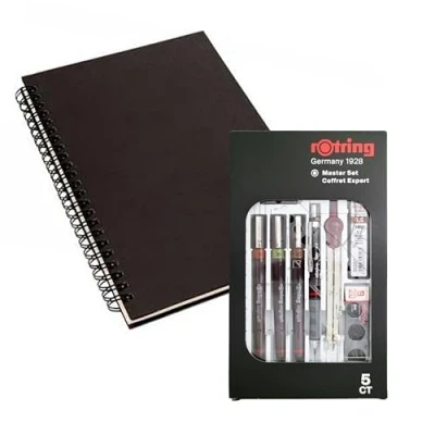 Imagen de rOtring Isograph Technical Pen Master Set S0699420 3 Fineliners (0,10 mm, 0,30 0,50 mm), portaminas (0,5 brújula y accesorios, juego de 10 piezas en estuche con cuaderno