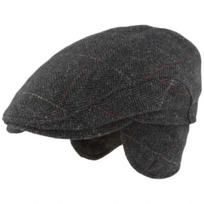 Imagen de Breiter Gorro de invierno para hombre con orejeras, gorra plana, 100% lana, protección las orejas desplegable, respetuoso la piel y cómodo, Cuadros espiga azul, 61