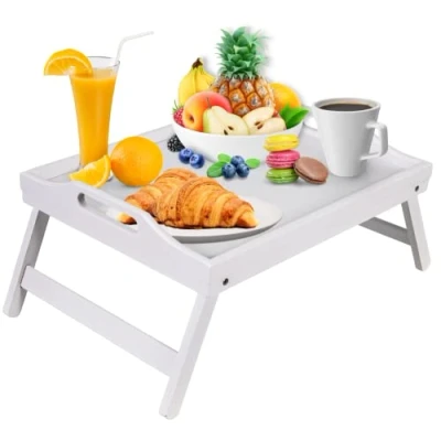 Imagen de Mosii Mesa de bambú blanco con asas y patas plegables, bandeja regazo multiusos escritorio pie para el desayuno en la cama, sofá, comer, dibujar, soporte portátil aperitivos