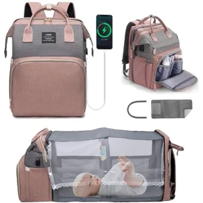 Imagen de YUDOXN Mochilas de pañales para Bebé,cuna portátil bebés y niños,plegable,organizador mochila cuna multifuncional con cambiador (Rosa)
