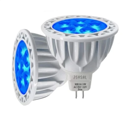 Imagen de JSVSAL Paquete de 2 bombillas LED con base bimpines, regulables, color azul, MR16 GU5.3, 5 W, 50 halógeno equivalente, AC/DC 12 V bajo voltaje, 40 grados para iluminación paisaje, jardín.