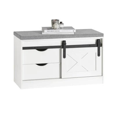 Imagen de SoBuy FSR153 W Banco Zapatero con Puerta Corrediza de Granero Armario Multifuncional Asiento para Entrada 2 Estantes y Cajones Blanco 80 x 30 49 cm ES