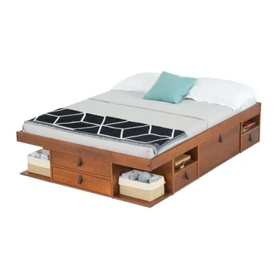 Imagen de Memomad Bali Bett Cama con Espacio de Almacenamiento, Madera Pino Maciza, Asas Piel y Madera, Color Caramelo, 160 x 200 cm