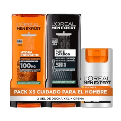 Imagen de L&#039;Oreal Paris Men Expert Pack de Rutina para Hombre con Crema Hidratante Anti Fatiga 24h Hydra Energetic, Gel Ducha Pure Carbon Multiacción 5 en 1