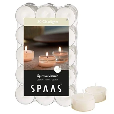 Imagen de Spaas 30 Luces perfumadas, Velas de té en Taza Transparente, ± 4,5 Horas, Cera parafina, Vaso plástico, Blanco, Spiritual Jasmine, 521