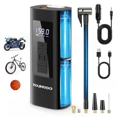 Imagen de YOUNGDO Compresor de Aire PortáTil, Inflador Electrico 150 PSI y 6000 mAh, NeumáTicos con ManóMetro, Bicicletas, Inflado RáPido para Motocicleta, Pelotas, como Linterna Banco Energía