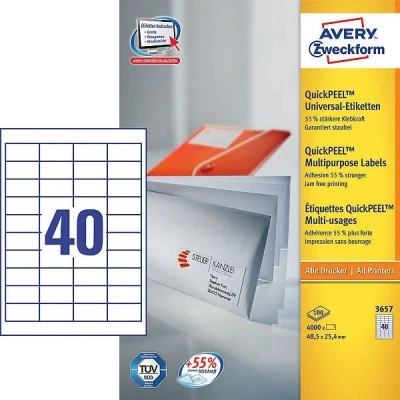 Imagen de Avery 3657 Pack de 100 hojas con etiquetas imprimibles polivalentes, 48.5 x 25.4 mm