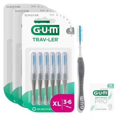 Imagen de GUM TRAV LER interdental brushes for thorough cleaning of all spaces bendable neck teeth and plaque removal 2.0 mm, ISO 6 3 x pieces (with 1 Bonus Sample)