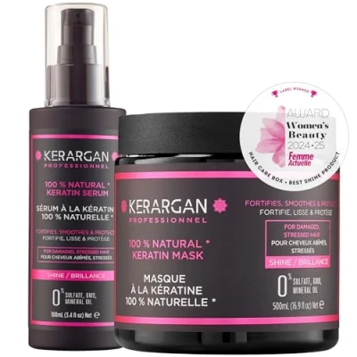 Imagen de Kerargan Dúo Mascarilla y Suero con Queratina para Cabello Dañado Estresado Fortalece, Nutre Protege Sin Sulfatos, OGM, Aceite Mineral 500ml + 100ml