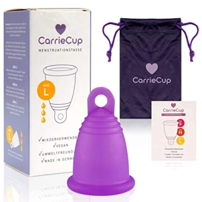 Imagen de CarrieCup Copa menstrual grande, fabricada en Alemania, sin BPA, alternativa a tampones y compresas, silicona, incluye bolsa morada
