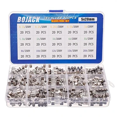Imagen de BOJACK 15 Valores 300 piezas Juego de surtido fusibles vidrio fusión rápido 5x20mm 250V 0.1 0.2 0.25 0.5 1 1.5 2 3 4 5 8 10 12 20A Paquete en una caja plástico transparente