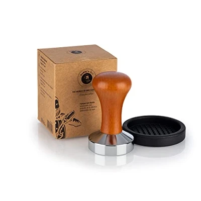 Imagen de Buddy&#039;s Bar Barista Edition, Premium Tamper, compresor de café Ø 53 mm Base, H: 9 cm, Acero Inoxidable, máquina con Alfombrilla Silicona, Mango Madera