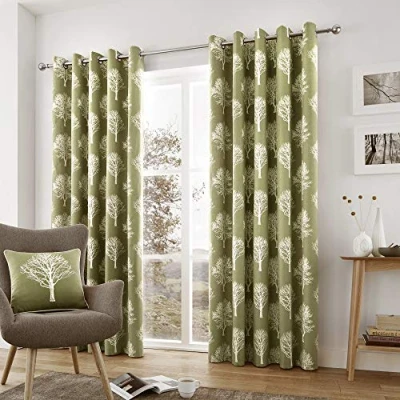 Imagen de Fusion Woodland Trees Verde Oliva, 168 x 137 cm, 2 Paneles, 100% algodón, Ramas Sala de Estar y Dormitorio, Cortinas árbol Bosque Salvia/Caqui, Madera, 66&quot; Width 54&quot; Drop (168 137cm)