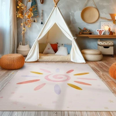 Imagen de SIMPEX Alfombra para habitación Infantil, diseño de Sol, niños, alfombras bebé, Color Crema, Lavable y Antideslizante 140 x 200 cm