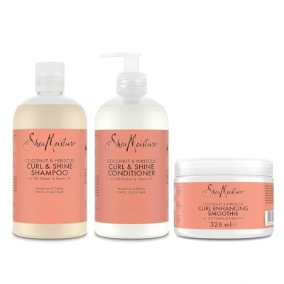 Imagen de SheaMoisture Champú, Acondicionador y Crema Modeladora para cabello grueso rizado con Coco e Hibisco pack el cuidado del 2x 384 ml, 1x 326 ml 3 productos
