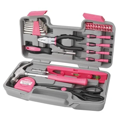 Imagen de Apollo Caja Herramientas Basicas Rosa 39 Piezas. Juego de Esenciales para Reparaciones, Mantenimiento, y Bricolaje en el Hogar Oficina. Con Maletin Transporte.