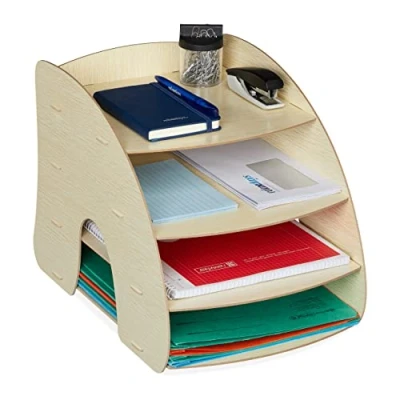 Imagen de Relaxdays Bandeja Documentos MDF para A4, 4 Compartimentos, Organizador Oficina, Color Natural, Tablero de Fibras, 27 x 25,5 34,5 cm Aprox