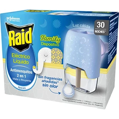 Imagen de Raid® Eléctrico líquido Family 30 noches Enchufe anti mosquitos común y tigre 2 en 1, mata ahuyenta. Aparato + Recambio, sin olor
