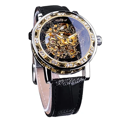 Imagen de Winner Reloj de pulsera mecánico manual retro con diamantes y flores talladas para hombre, clásico números romanos, Negro dorado, esqueleto