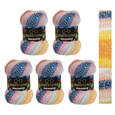 Imagen de Wollbiene Harmony Batik 8010 5 ovillos de 100 g con degradado color, 30% algodón, multicolor, para todo el año, 500 g, color azul, naranja, amarillo y menta