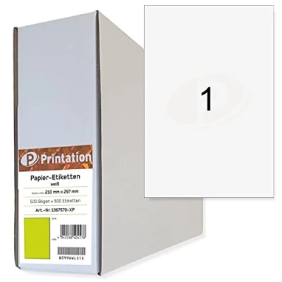Imagen de Printation 210 x 297 mm etiquetas adhesivas a4 para imprimir pack de 500 hojas papel impresora 1x1 210x297 adhesivo imprimible apto inkjet laser y fotocopiadoras