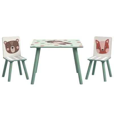 Imagen de ZONEKIZ Mesa y Sillas Infantiles de 3 Piezas Infantil con 2 Juego Muebles para Actividades Niños 8 Años Dormitorio Sala Juegos Verde Blanco