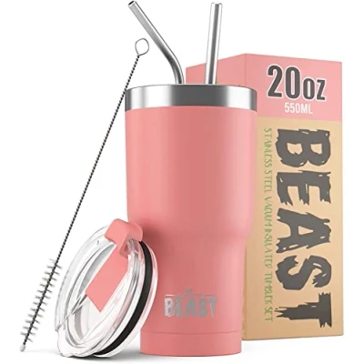 Imagen de Greens Steel BEAST Termo Café para Llevar 550ml I Flor Taza Térmica de Acero Inoxidable Reusable Viajera Doble Pared al Vacío 2 Pajitas y Cepillo Limpieza