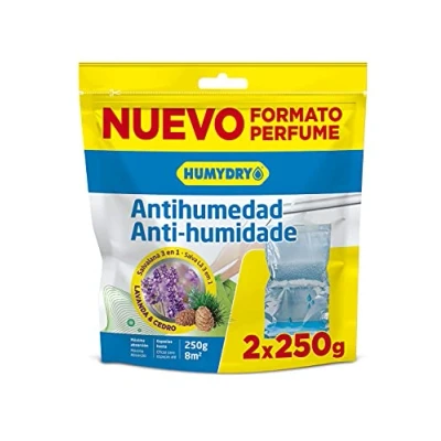 Imagen de Pack de 2 Bolsas antihumedad Percha Salvalana Absorbe Humedad Armarios Espacios hasta 8m2 Fragancia: Lavanda y Cedro Contenido: unidades 250 gr Humydry