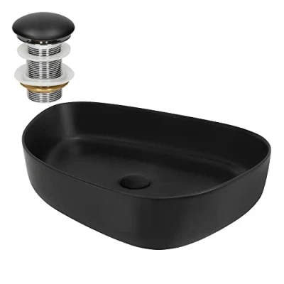 Imagen de ML Design Lavabo de Cerámica Ovalado 55x42x14 cm Ngero Fregadero Pared o Sobre Encimera Pila Diseño Moderno Minimalista Lavamanos para Baño Aseo con Agujero Grifo y Juego Desagüe