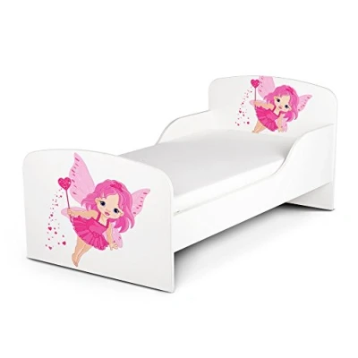 Imagen de Leomark Cama Infantil Completa de Madera Hechicera Marco Cama, Colchón, Somier, Blanco Muebles para Niños, Moderno Dormitorio, Impresa Mobiliario, Espacio Dormir: 140/70 cm
