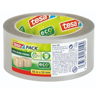 Imagen de tesapack ECO &amp; ULTRA STRONG ecoLogo Cinta de Embalaje Plástico Transparente con Fuerza Adhesiva Extrafuerte Ecológica, Fabricada sin Disolventes 66 m x 50 mm