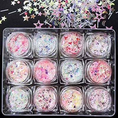Imagen de 12 Colores Purpurina Uñas, para Cara Cuerpo,Brillo de uñas,Purpurina en forma Estrella y luna Maquillaje Pelo Arte Corporal Uñas