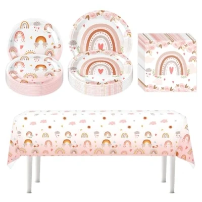 Imagen de 41 Piezas Vajilla De Fiesta Cumpleaños Arcoíris Juego Desechable Para Platos Papel Los Niños Incluye 20 Papel, Servilletas y 1 Mantel