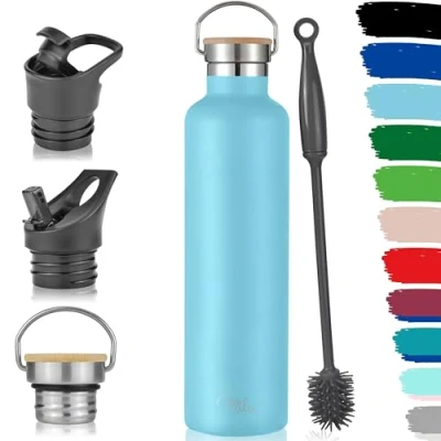 Imagen de Milu botella de acero inoxidable 350 ml, 500 750 1 l (+3 tapas), termo con paja, agua, para bebidas calientes, frías y carbonatadas (azul cielo, L)