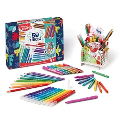 Imagen de Maped Set para Colorear de 50 Piezas A Partir 5 Años Incluye 16 Lápices Colores, 12 Rotuladores, Ceras, 6 Tubos Pegamento Brillante y 1 Lapicero