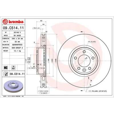 Imagen de BREMBO 09.C514.11 Disco de freno 349 34 5 ventilación interna revestido altamente carbonizado LAND ROVER: Range Rover Sport, 4