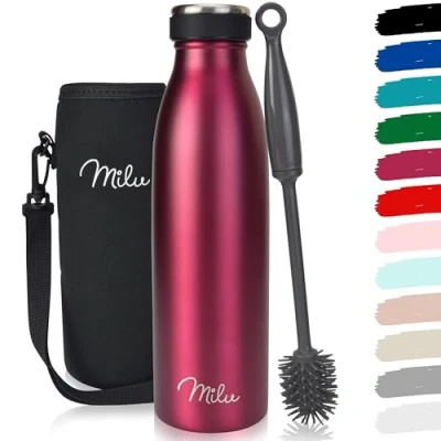 Imagen de Milu Termo Botella de Agua 500ml, 750ml, 1l Acero Inoxidable Aislamiento Vacío Doble Pared Libre BPA (Berry, 500ml)