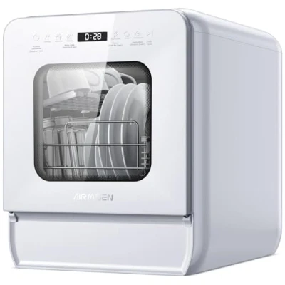 Imagen de AIRMSEN Lavavajillas de Encimera Mini con Tanque 5L, 7+2 Programas Diseño Ultra Estrecho (37x50cm) y Gran Profundidad Compacto Rociado Dual 360 Blanco (Blanco)