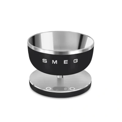Imagen de Smeg, Báscula de cocina digital KSC01BLMWW, cuenco acero inoxidable extraíble, cuatro unidades medida g/ml y lb.oz/fl.oz, con función tara, carga máxima 5 kg, negro