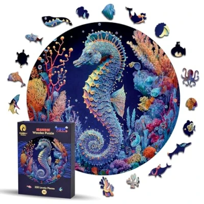 Imagen de Puzzle de Madera para Adultos Y Niños Puzzles Animales del Mar Rompecabezas Redondo Marino Regalos Originales Navidad Cumpleaños (M, Caballito mar)